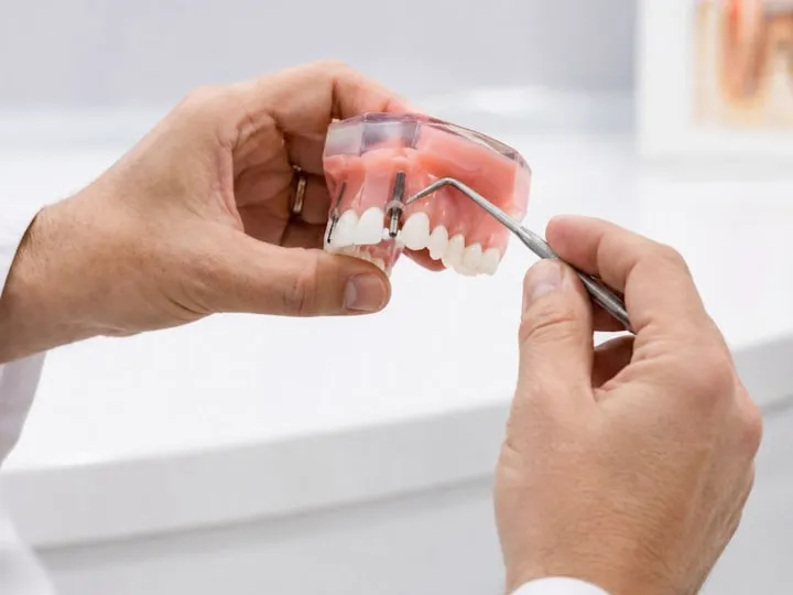 Dentista mostrando un implante sobre un modelo dental
